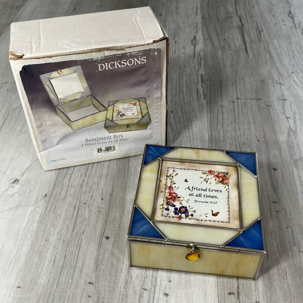 Vintage Dicksons Stained Glass Sentiment Box Floral Butterfly Trinket Jewelry